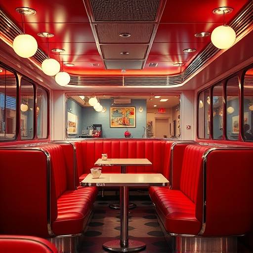 A bustling diner with retro decor, chrome accents, and comfortable booths.