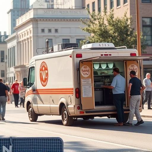 A catering truck parked on a film set, providing food and beverages to the crew.