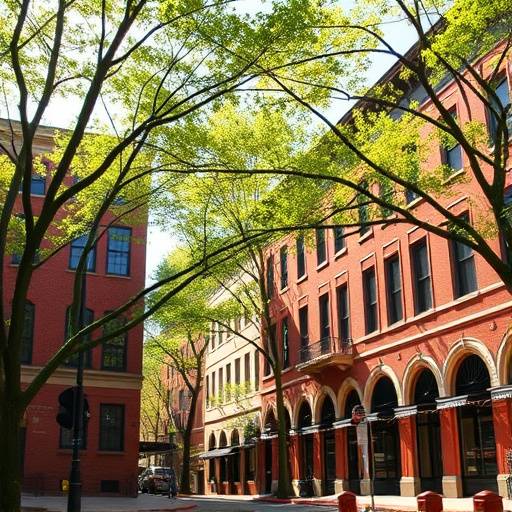 A charming street in Atlanta's historic district with brick buildings and leafy trees.