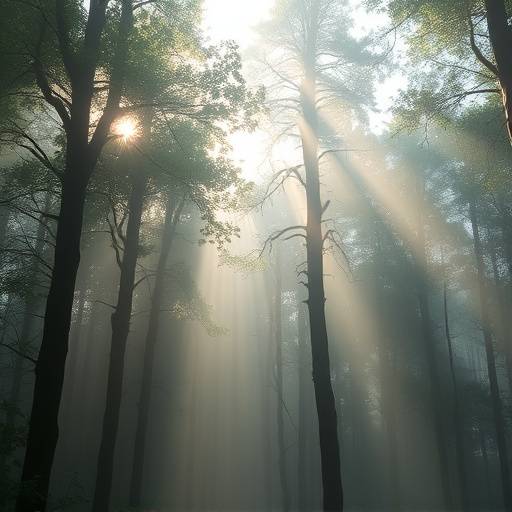 A dense, misty forest with towering trees and dappled sunlight filtering through the canopy.