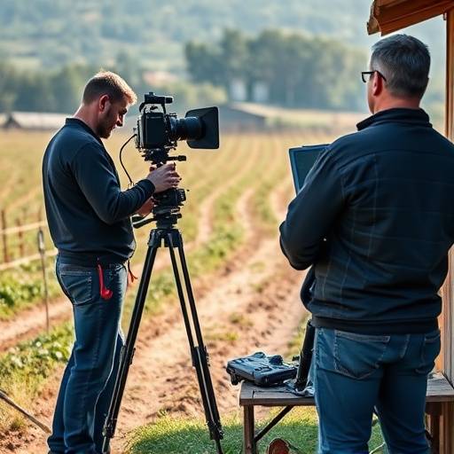 A film crew setting up equipment on location at a rural farm.