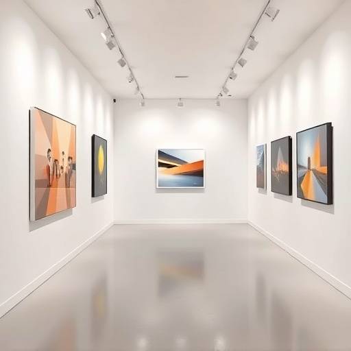 A modern art gallery with white walls, contemporary artwork, and track lighting.