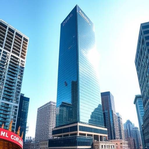 A modern, glass-walled skyscraper in downtown Atlanta with vibrant city life visible in the background.
