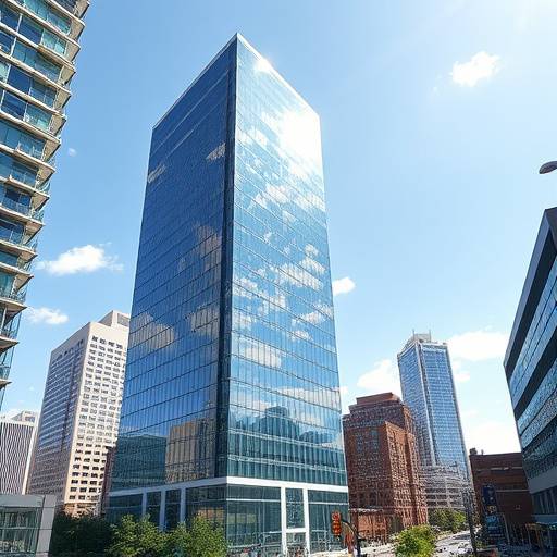 A modern, glass-walled skyscraper in downtown Atlanta with vibrant city life visible in the background.