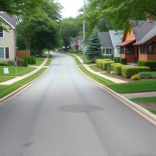 A quiet suburban street with well-maintained houses and manicured lawns.