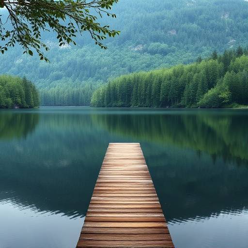 A serene lake surrounded by lush green forests, with a wooden dock extending into the water.