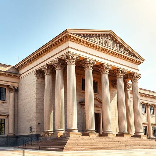 A stately courthouse with a grand entrance, imposing columns, and a sense of historical significance.