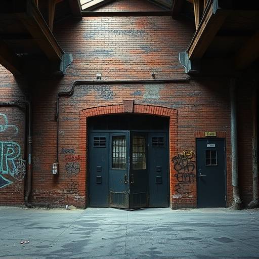 An abandoned industrial warehouse with exposed brick, graffiti art, and large metal doors.
