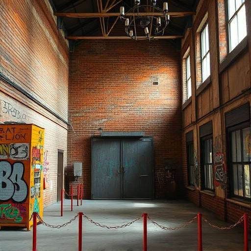 An abandoned industrial warehouse with exposed brick, graffiti art, and large metal doors.