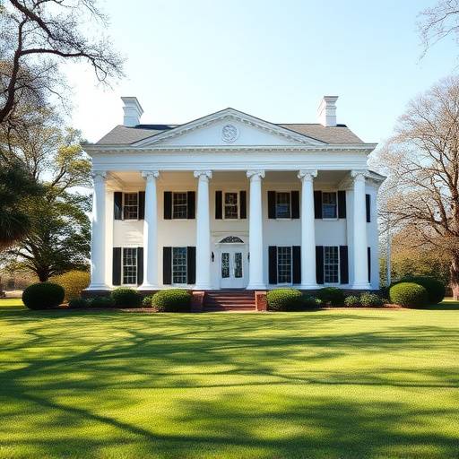 Exterior view of a grand antebellum mansion with white columns and a sprawling lawn.