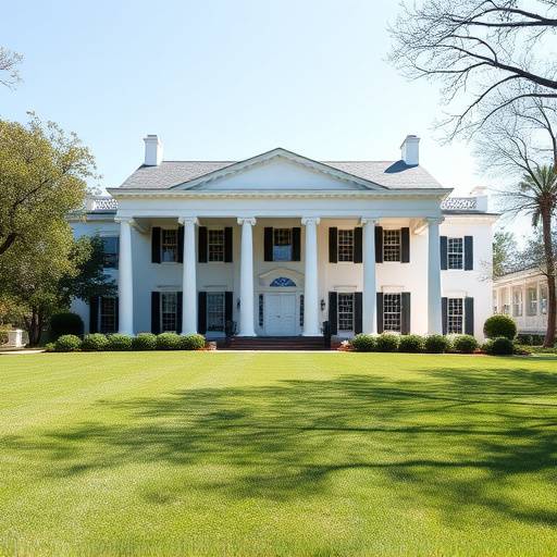 Exterior view of a grand antebellum mansion with white columns and a sprawling lawn.