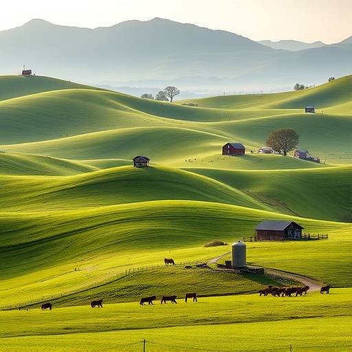 Rolling green hills of a working farm, with barns and grazing livestock.